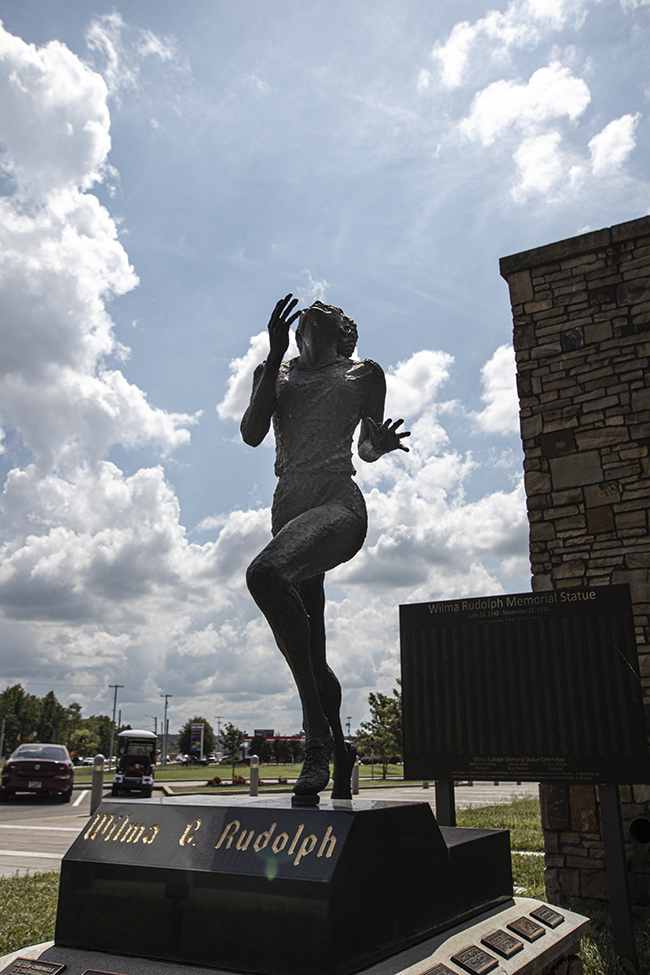 A Wilma Rudolph statue sculpted by Howard Brown sits at the Wilma Rudolph Event Center in Clarksville, TN.