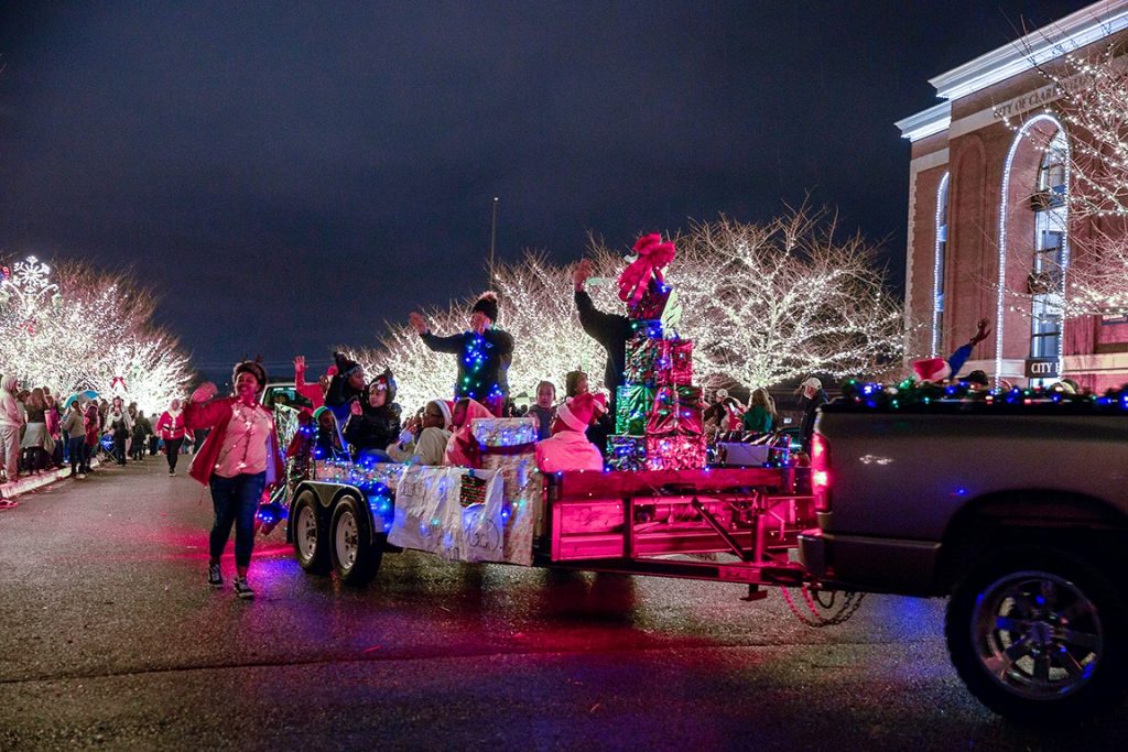 Nighttime scene of Clarksville's themed Christmas parade in downtown Clarksville