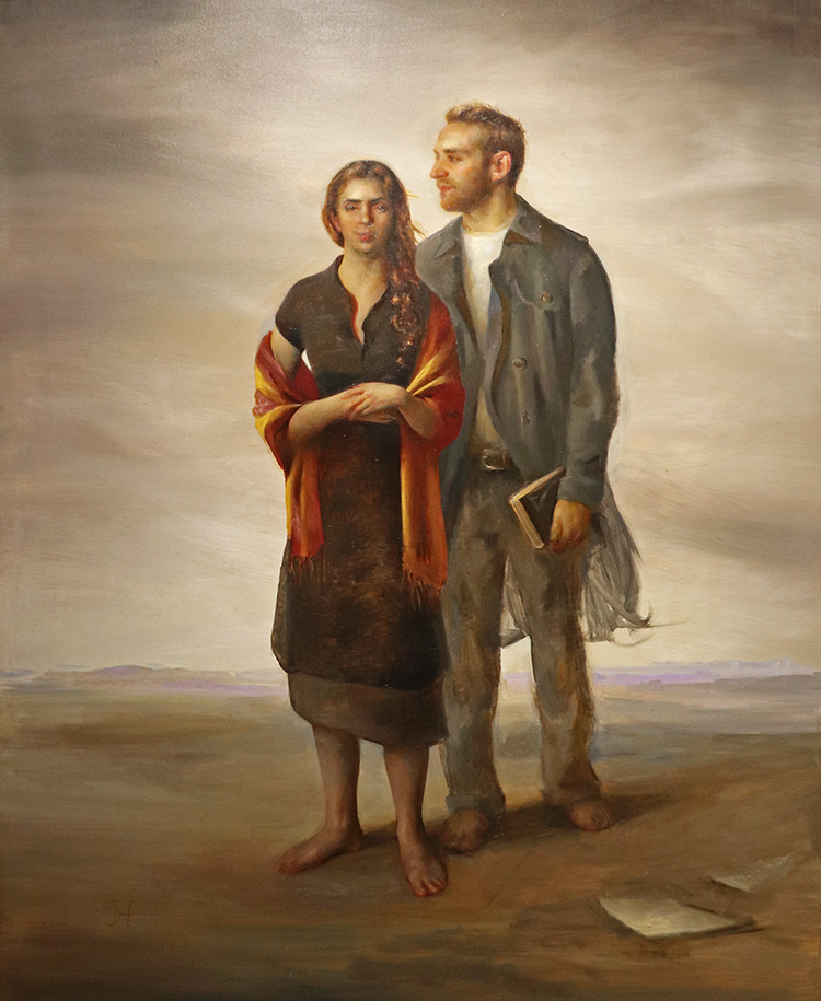 Close up of Aristides' oil figurative painting of man and woman standing together. Woman wrapped in red shawl looking straight ahead and the man to her left looking over her head towards the right.