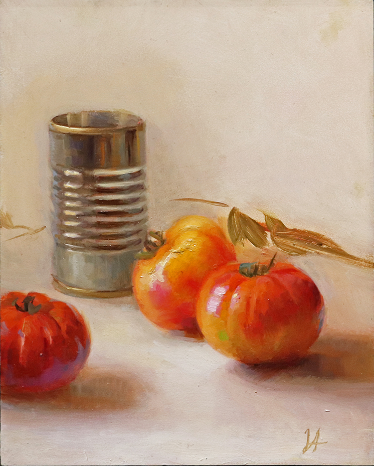 Close up of Aristides' oil painting 'Tin' focused on tin can and several red tomatoes.