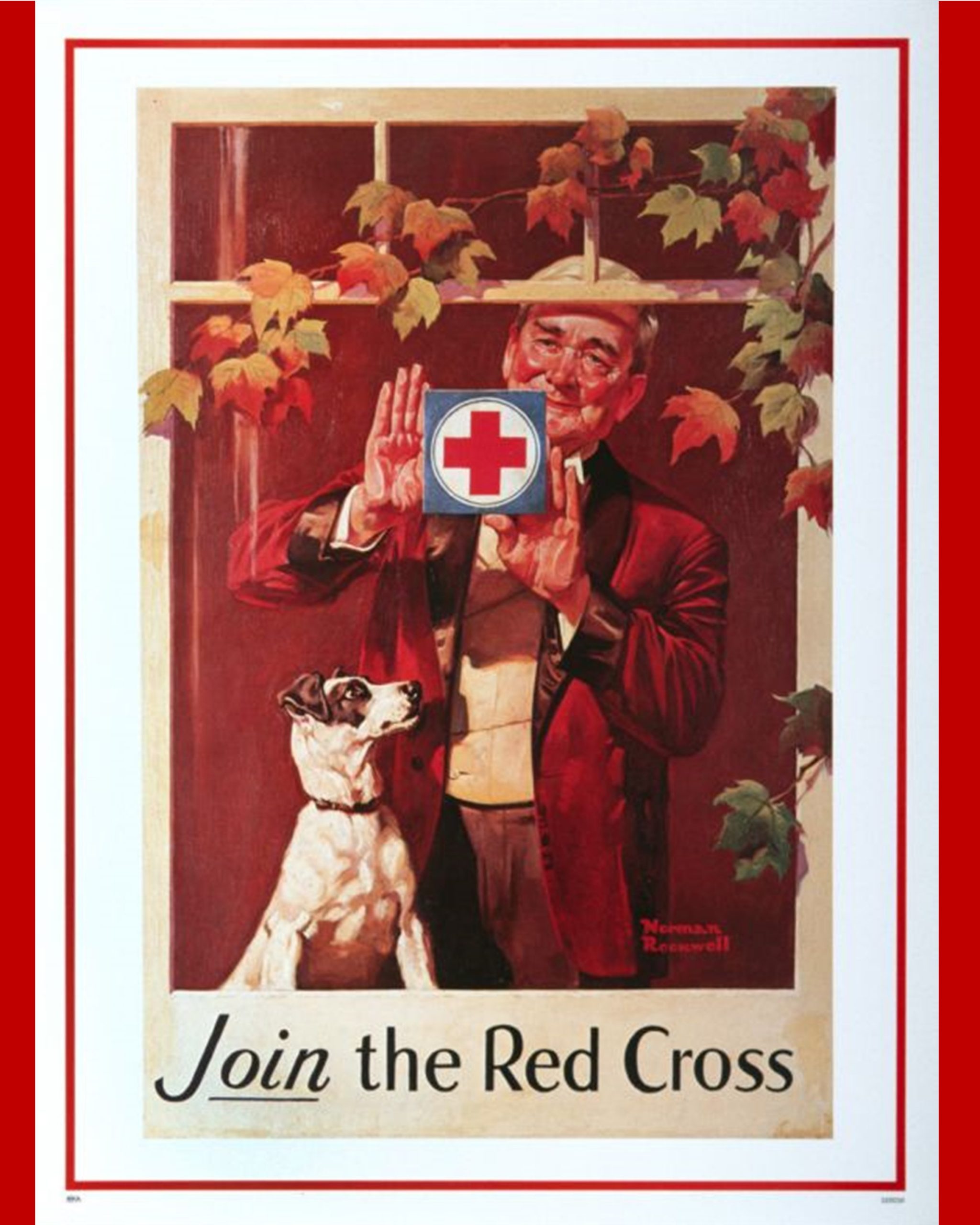 American Red Cross promotional poster. Depicts elderly man with dog posting a Red Cross plus in his window.
