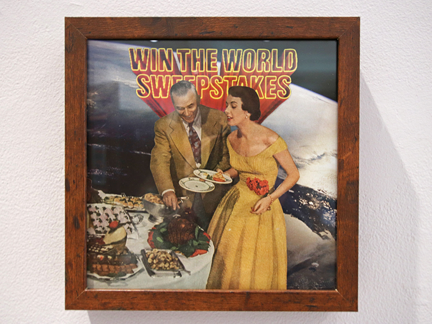 Photo collage of a 60's couple putting food on a dinner plate. She is wearing a yellow dress and he has a faded yellow suit on. Earth from space is in the background with the words "Win the World Sweepstakes" cut out above them.
