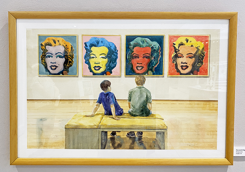 Watercolor painting of two young boys sitting on a bench in a gallery looking across to four Andy Warhol-style paintings of Marilyn Monroe hanging on the wall.