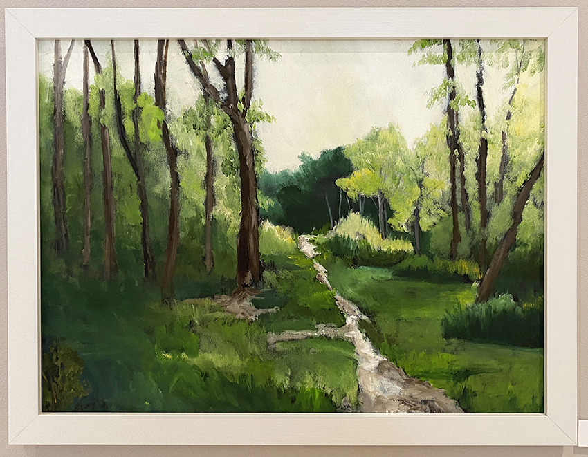 Oil painting of a grassy scene from Rotary Park. Tress, grassy and a trail can be seen.