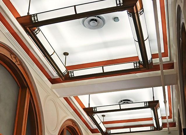 LED light fixtures hanging in the museum's 1898 post office and customs house building.