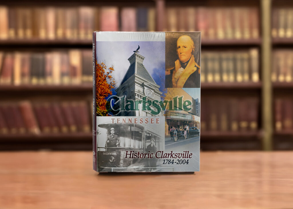Photo of Historic Clarksville book displayed on a table in a library
