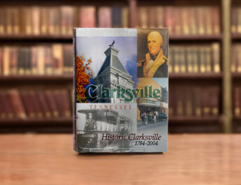 Photo of Historic Clarksville book displayed on a table in a library