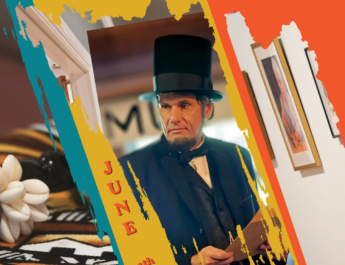 June 2026 Artwalk Graphic feautiring a close up of the "Celebrating Samoa" Exhibit, Whit McMahon as Abraham Lincoln, and visitors looking at watercolors from the "Tenness Watercolor Society Biennial Juried Exhibition"