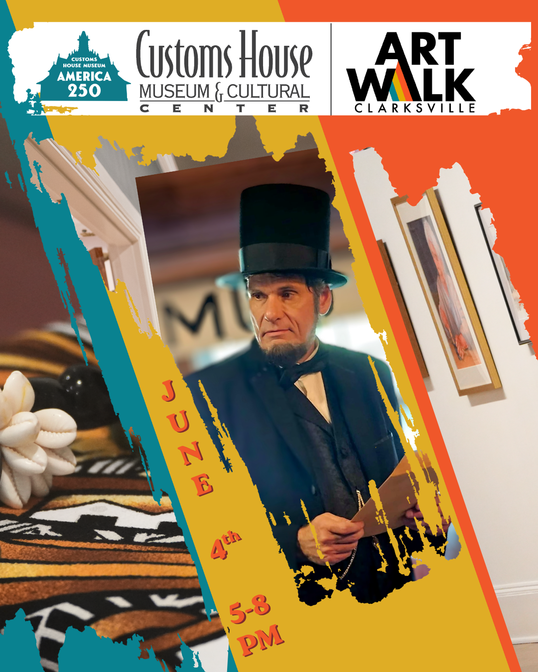 June 2026 Artwalk Graphic feautiring a close up of the "Celebrating Samoa" Exhibit, Whit McMahon as Abraham Lincoln, and visitors looking at watercolors from the "Tenness Watercolor Society Biennial Juried Exhibition"