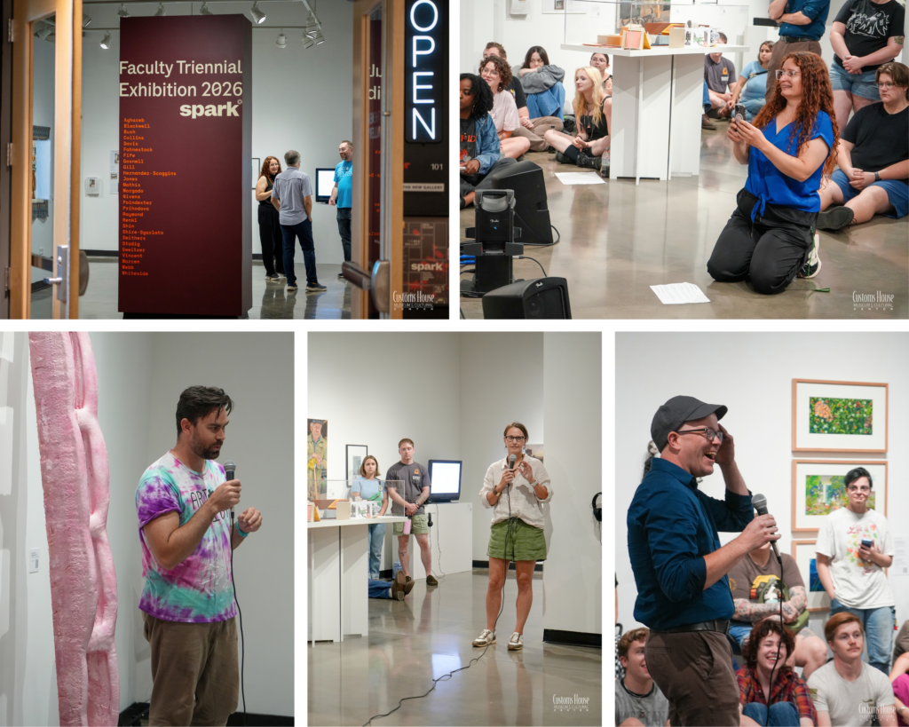 Clockwise from left: The New Gallery in the Art + Design Building before the opening reception of "Spark" Exhibition on Sept. 2. 2026 on APSU Campus. | Gallery Director, Jaroslava Prihodova, and students, during the gallery talk on September 10, 2026. | Professor Patrick Vincent laughing with students. | Professor Rachel Bush describing her six-month graphic design project for St. Jude Children's Research Hospital in Memphis. | Professor Luke Warren talking and standing next to his "Bubblegum Ladder" sculpture. | (D.C. Thomas/Customs House Museum & Cultural Center)